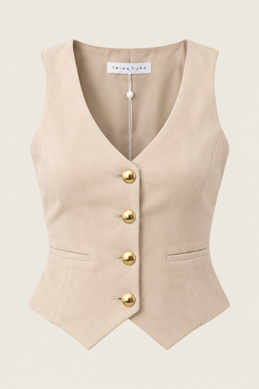 NWT Trina Turk Kofi Faux Suede Beige Tailored Vest Gold Buttons Size 4